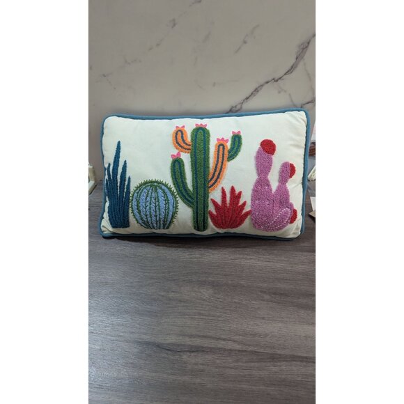 Cactus Embroidered Lumbar Pillow Decorative Cushion 16"x10" Multicolor Boho Acce - Picture 3 of 6